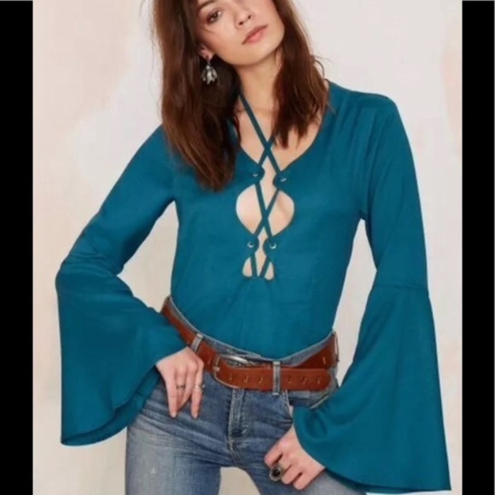 NWT $68 Nasty Gal Harper Lace up Top Teal Sz XS